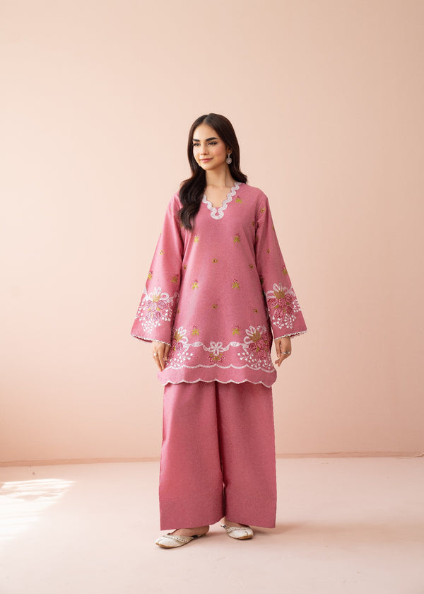 2pcs Gulnar Baby Pink Short Shirt Style Embroidered Gol Daman