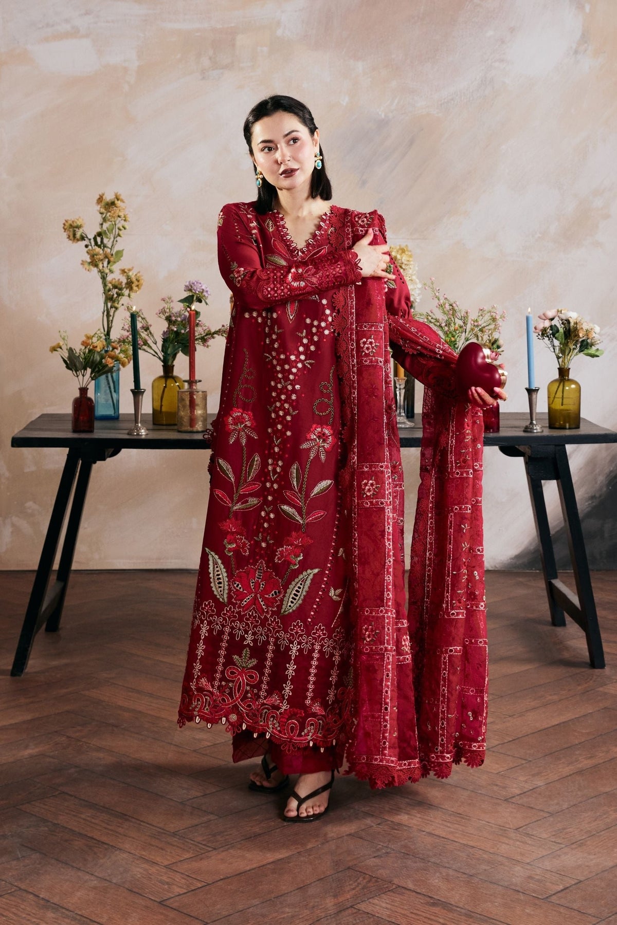 3pcs Red Maryum Hussain Dhanak Embroidered