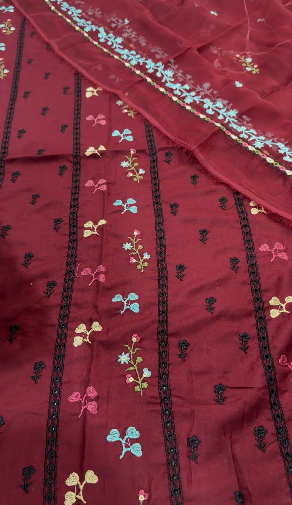 3pcs Mehroon Black Multi Embroidered Dhanak