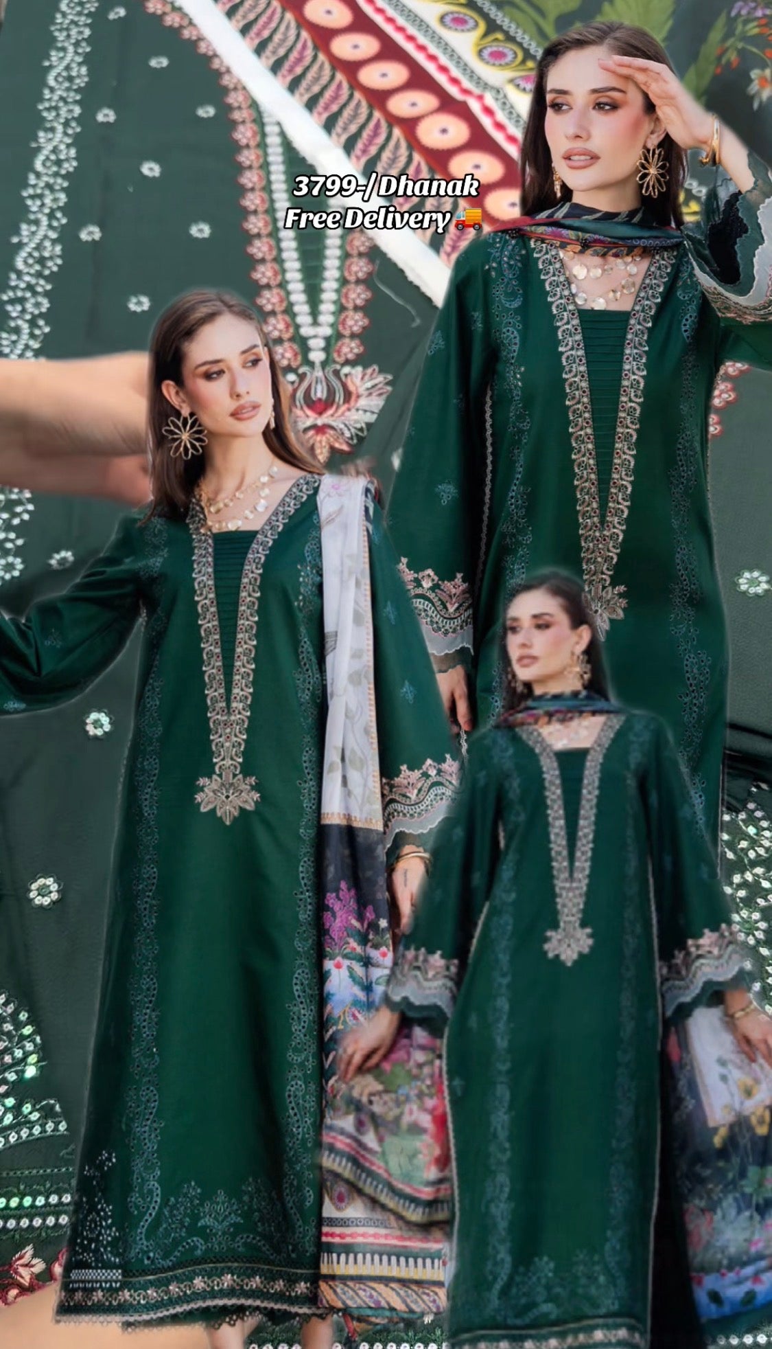 3pcs Dhanak  Izel Green Dark Neck v Embroidery