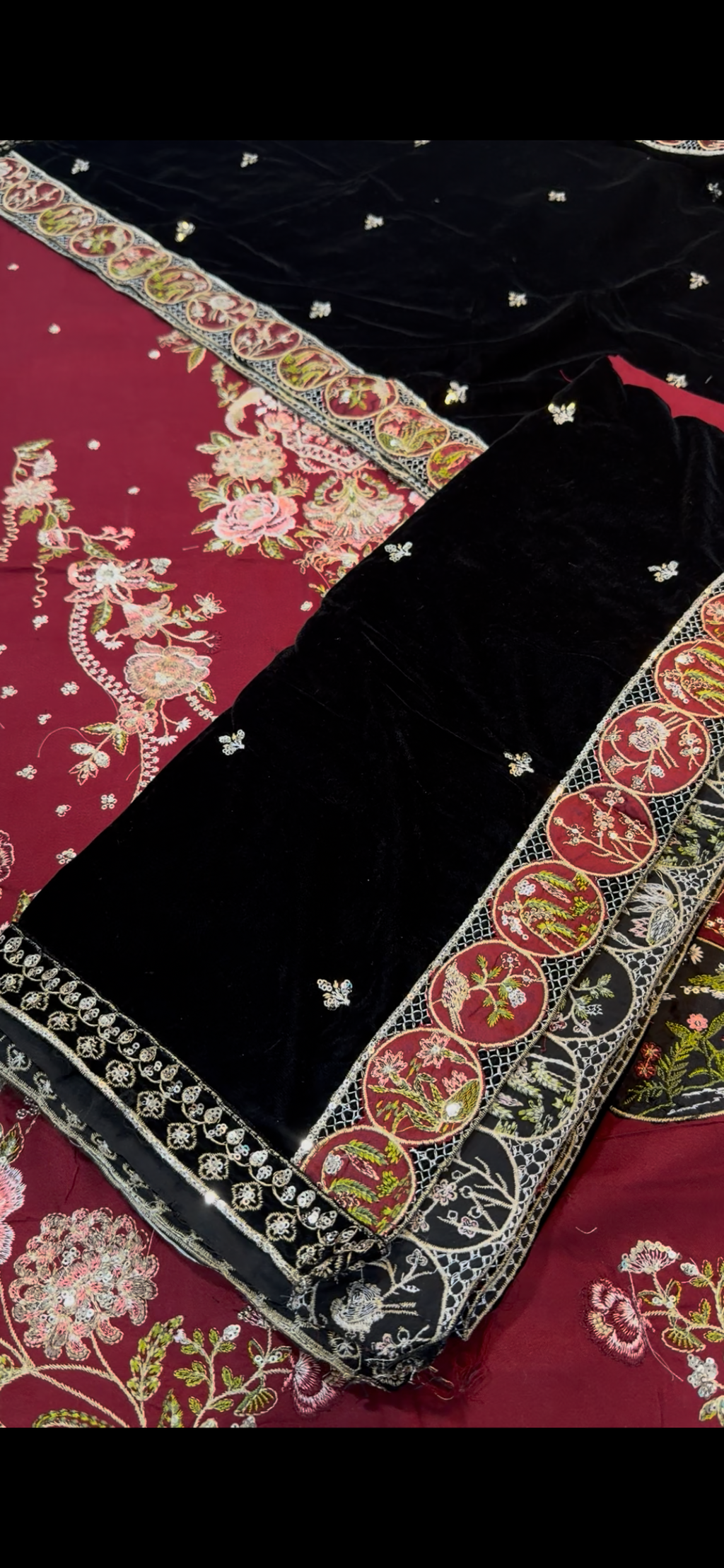 3pcs Ethnic Mehroon Marina Dhanak With Velvet Black Shawl Embroidered