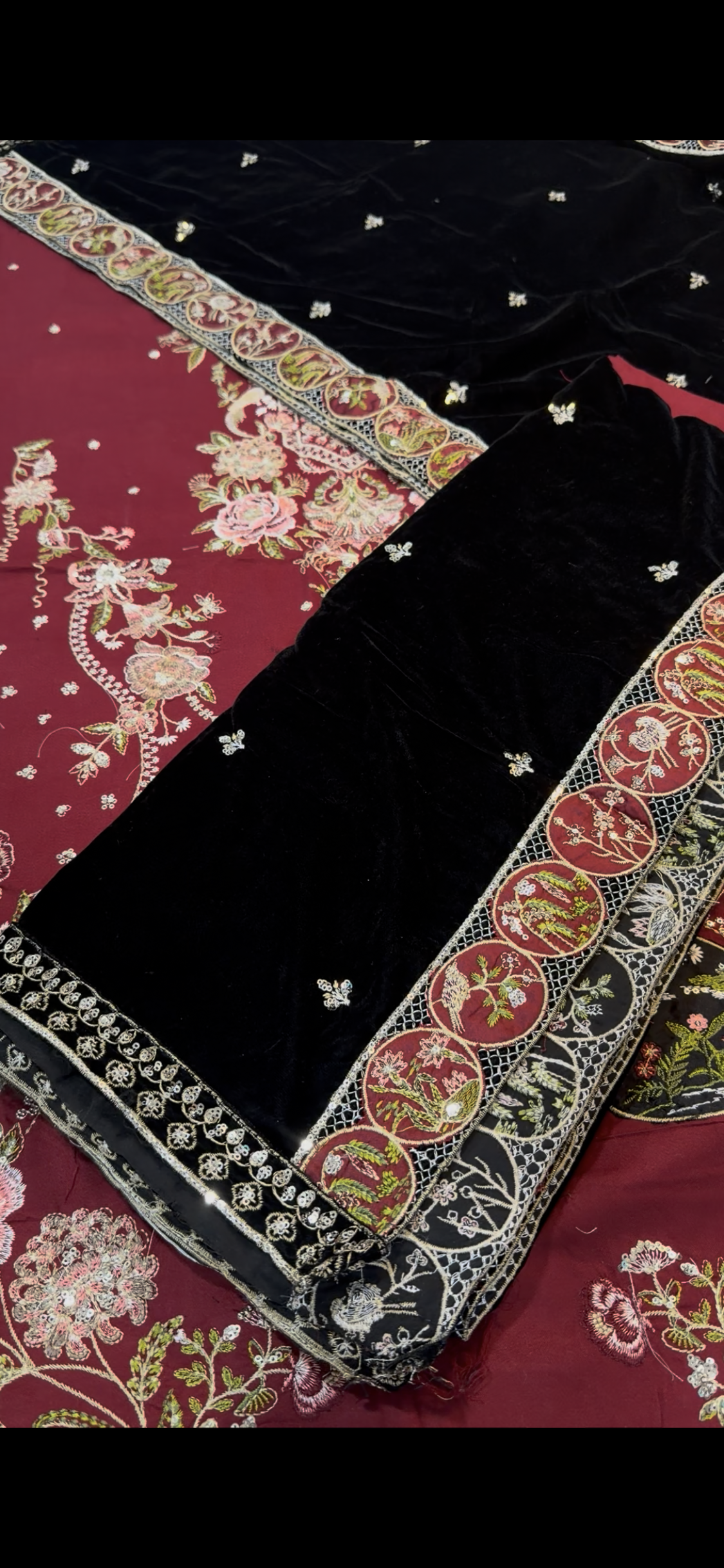 3pcs Ethnic Mehroon Marina Dhanak With Velvet Black Shawl Embroidered