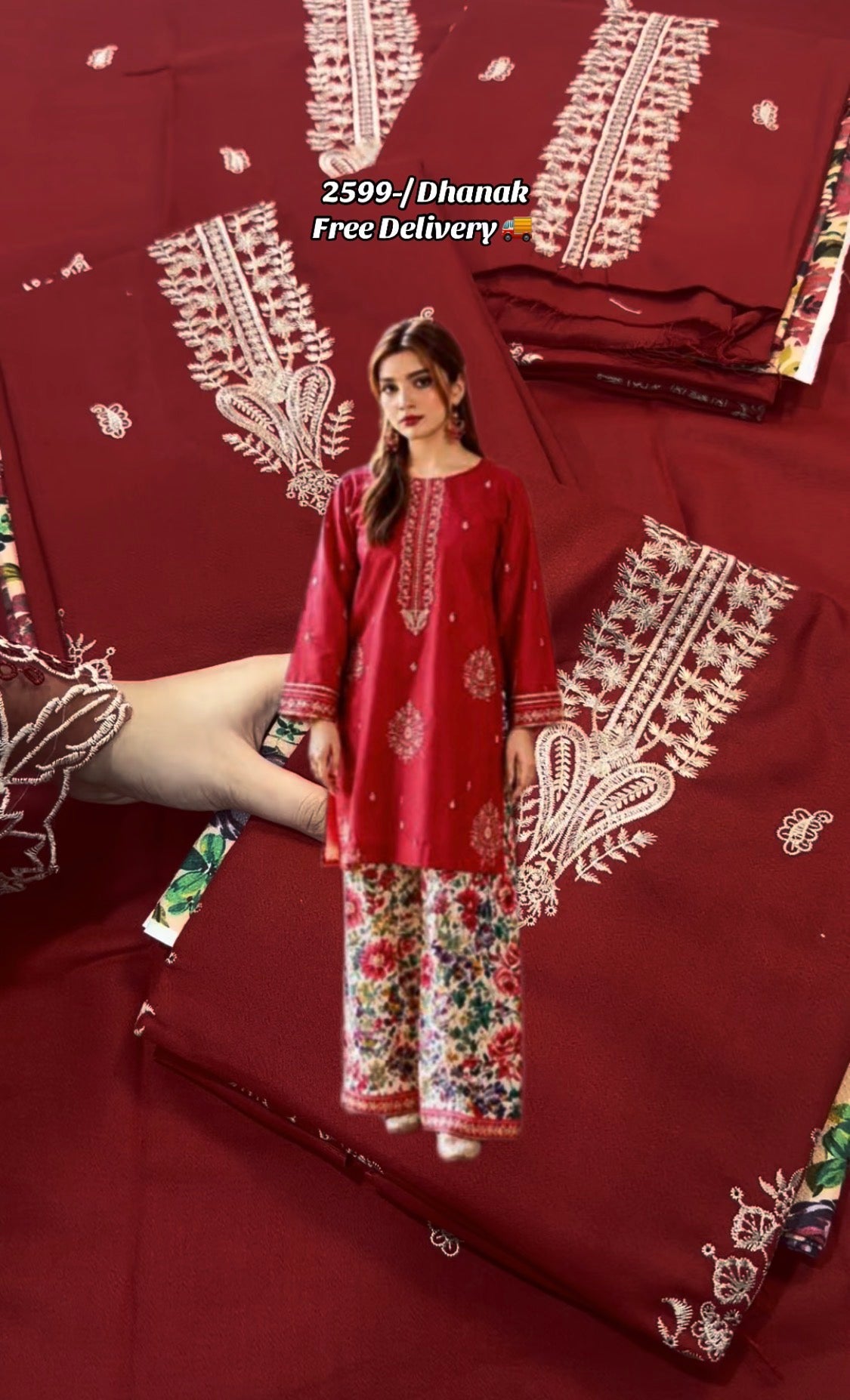 2pcs Dhanak Embroidered Red + Multi Trouser