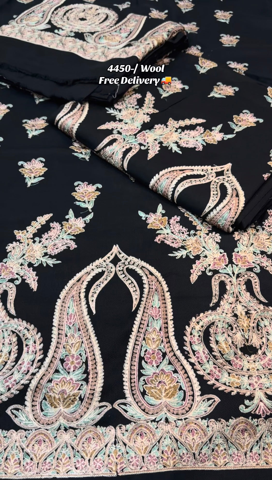 3pcs Pashmina Wool Embroidery Black Skin