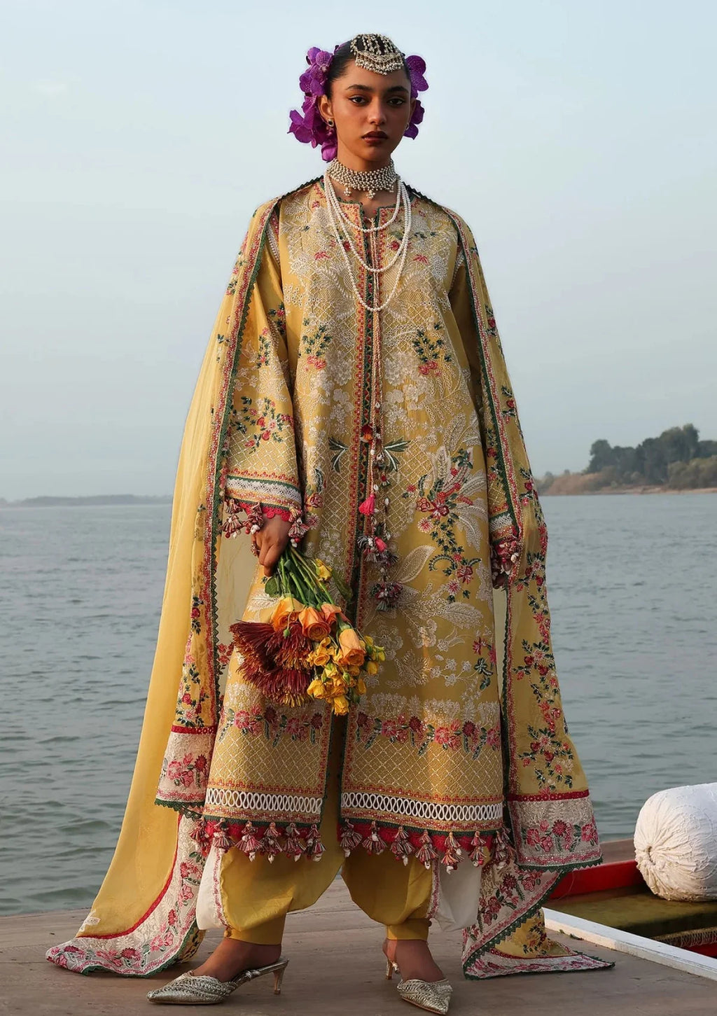 3pcs Dhanak Hussain Rehar Mustard Mehndiya Embroidered