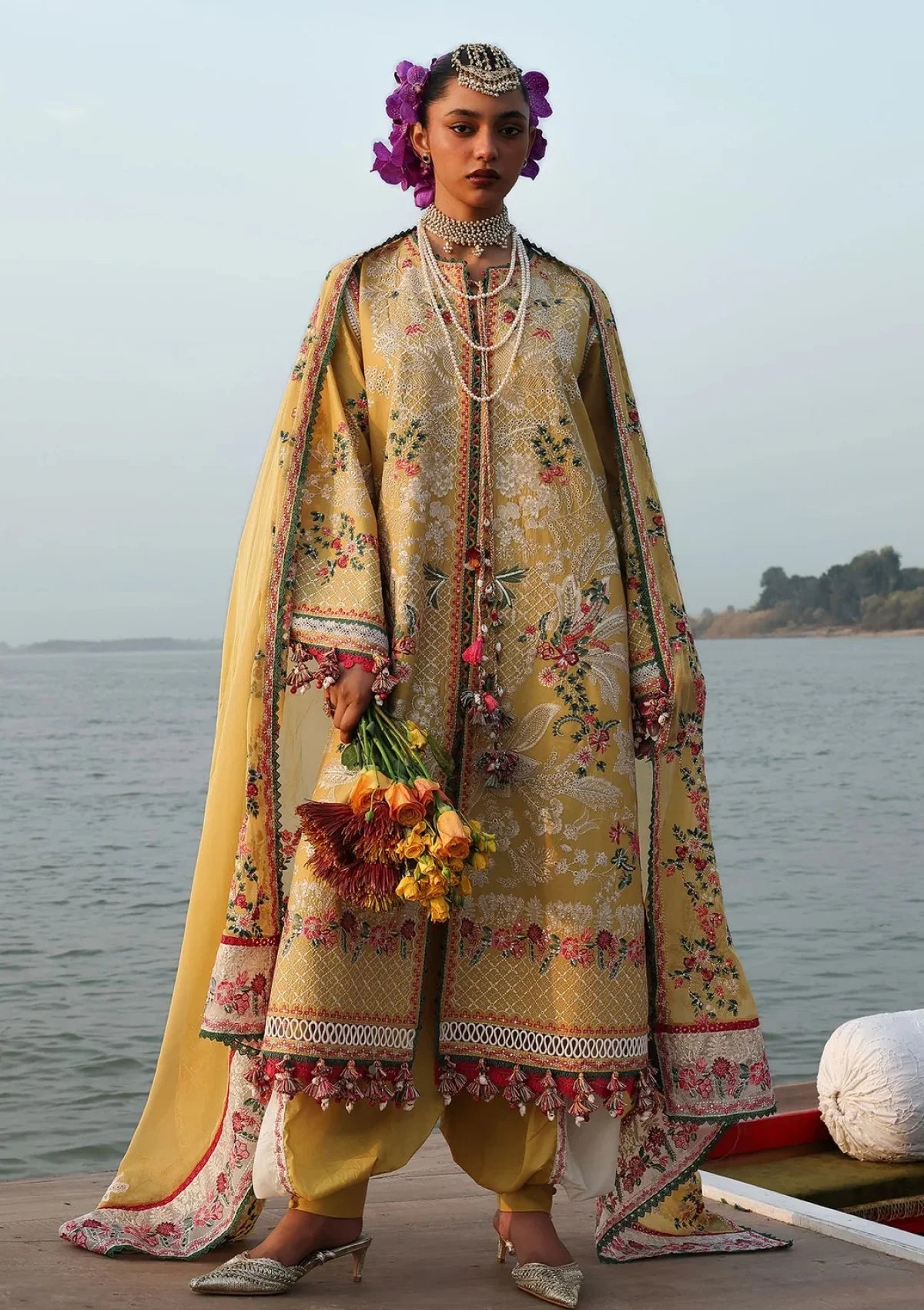 3pcs Dhanak Hussain Rehar Mustard Mehndiya Embroidered
