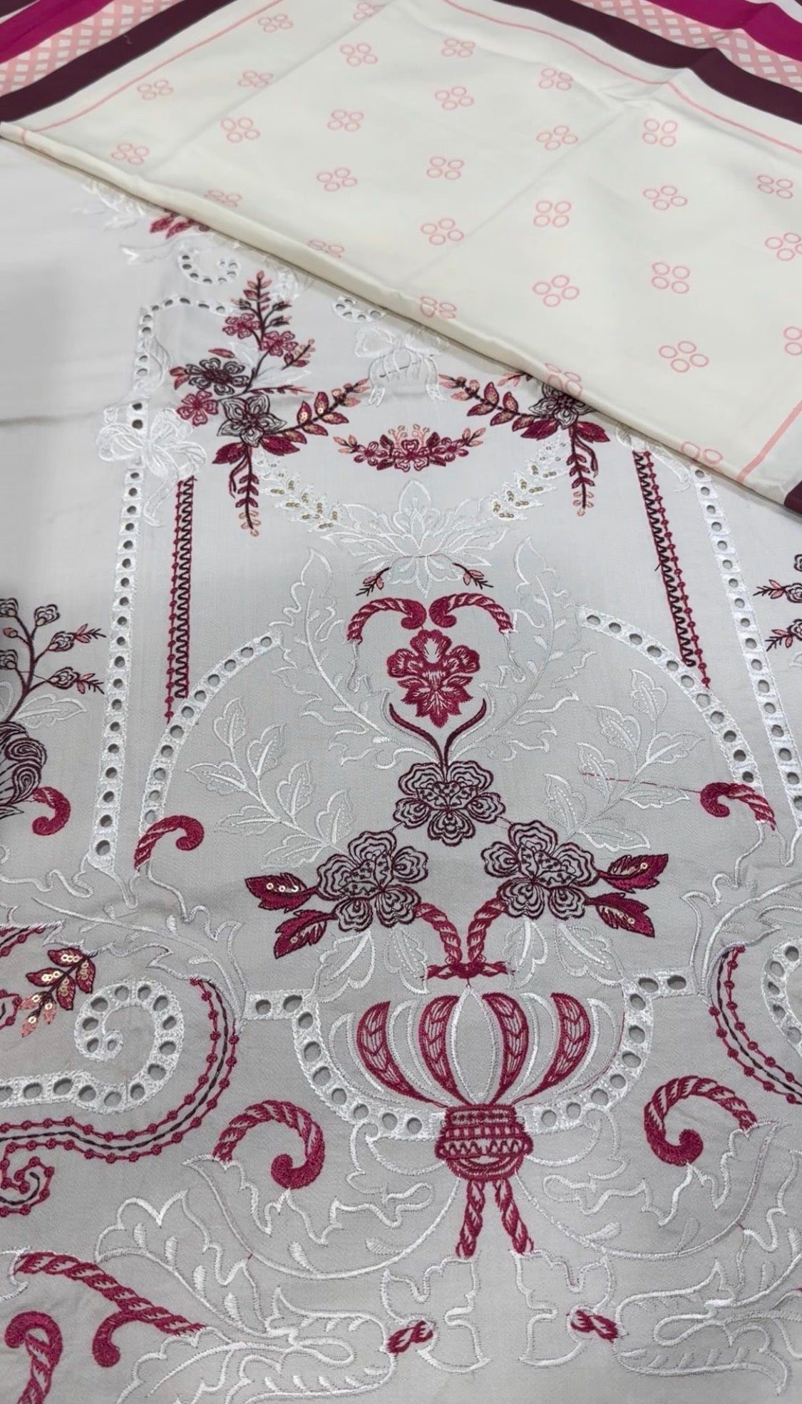 3pcs Dhanak Maria B Offwhite Red Embroidered