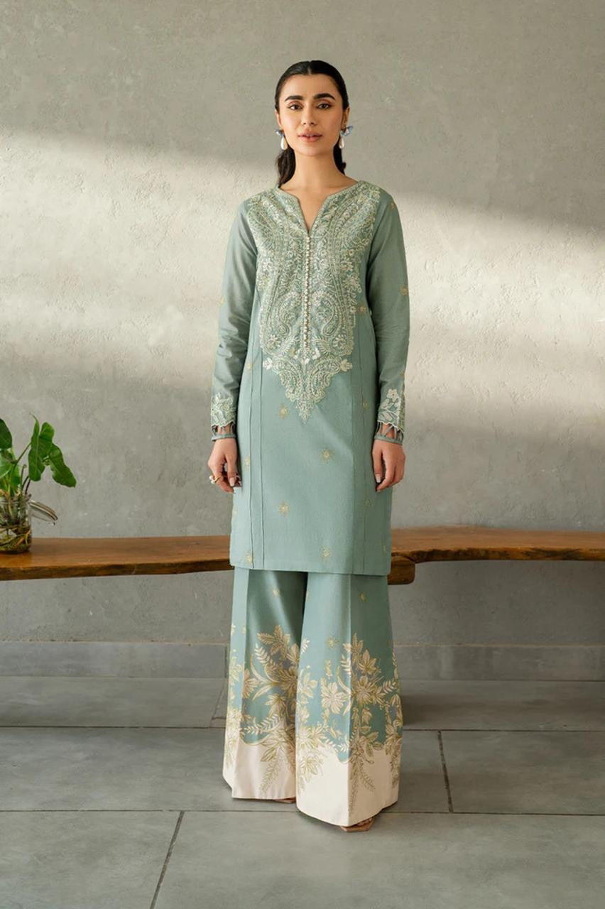 2pcs iznik self print with embroidery lawn light zinc