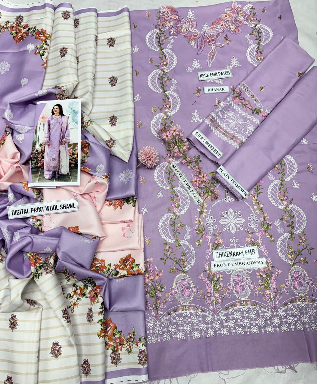 3pcs embroidery qalamkar lavender