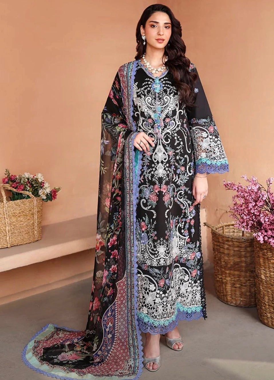 3pcs Black Binilyas Ramsha Dhanak Embroidered