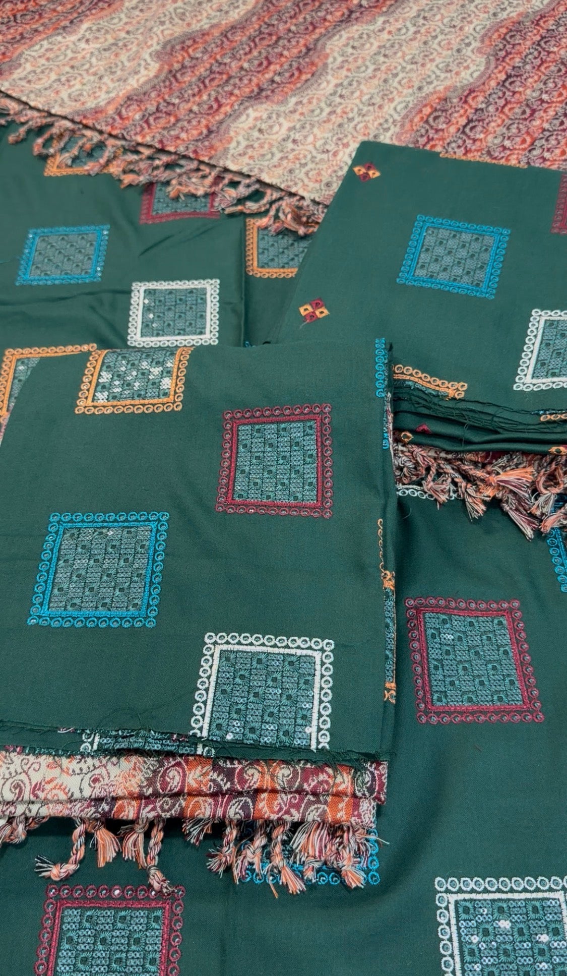 3pcs Box Bottle Green Embroidered with Kashmiri Shawl