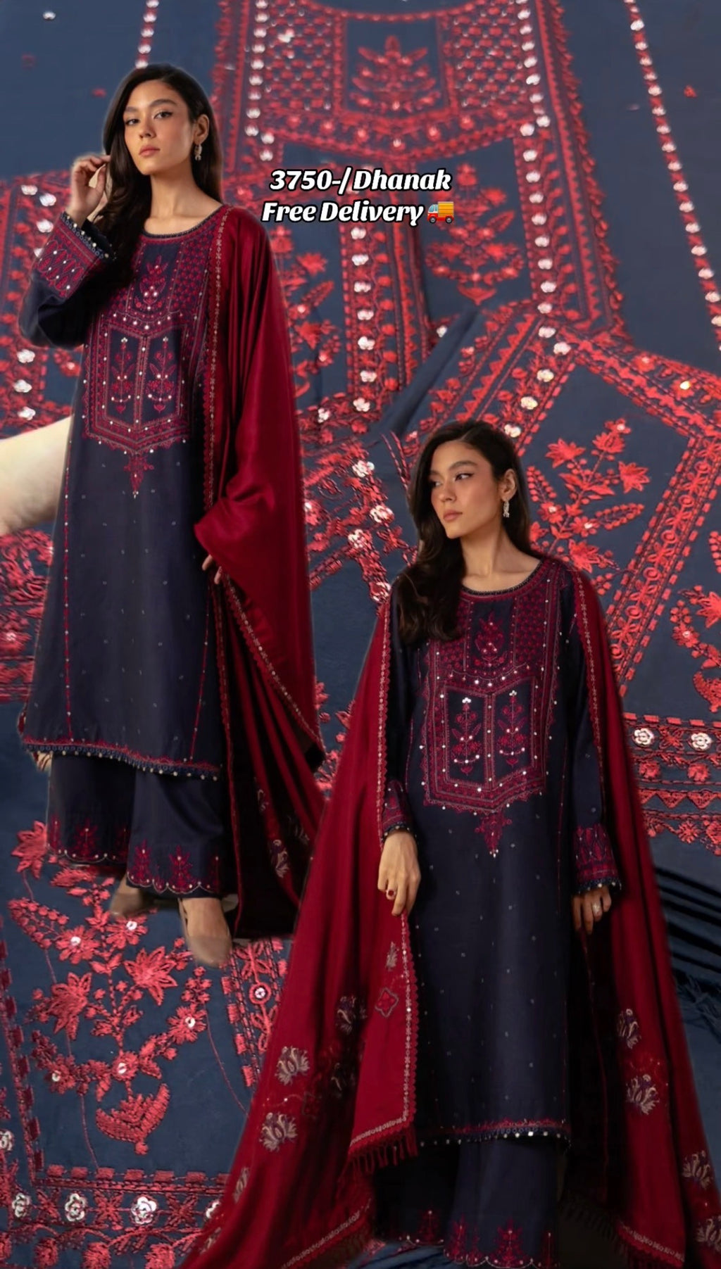 3pcs ZaraShahjhan Blue Mehroon Embroidered Dhanak
