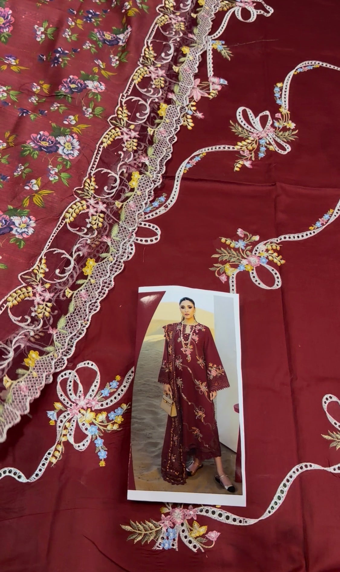 3pcs Crimson Mehroon with lawn dupata