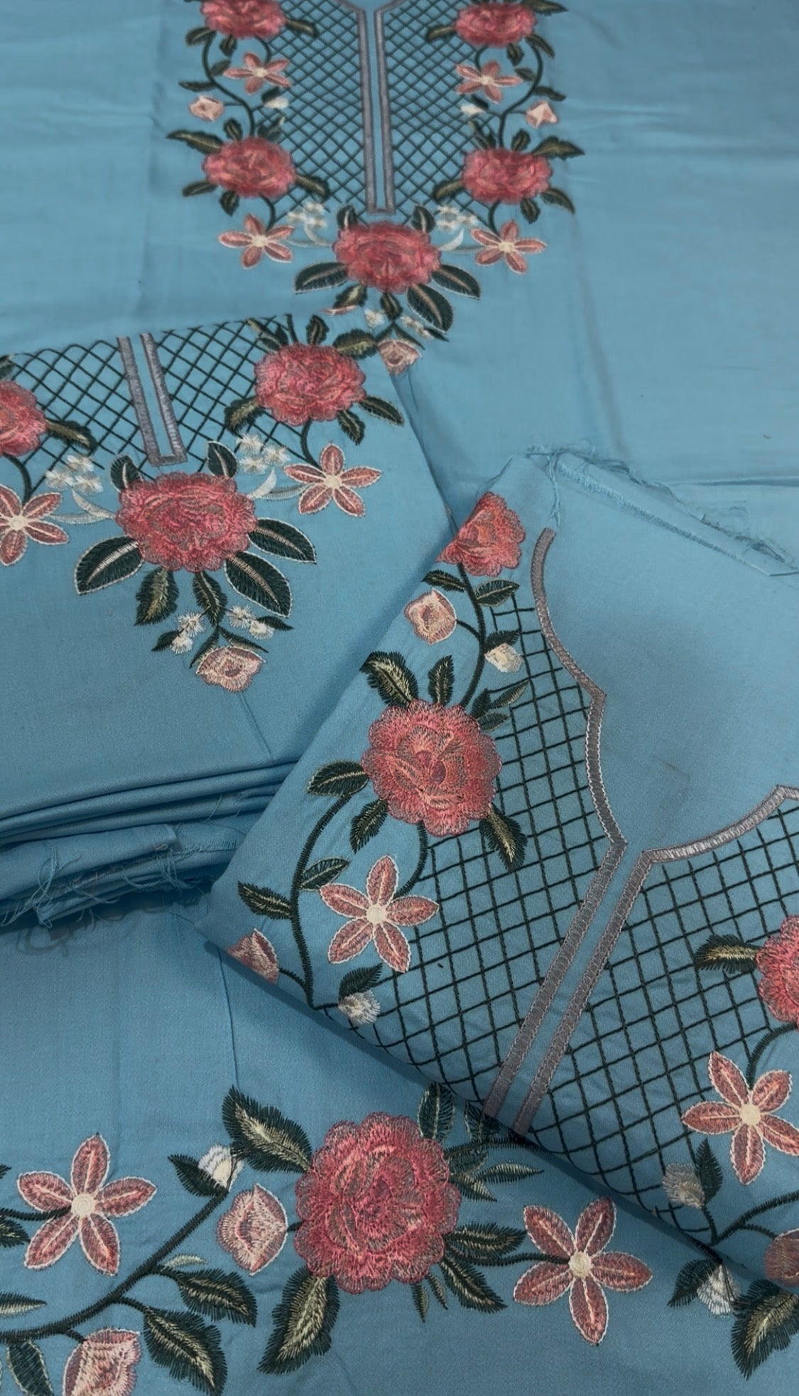 2pcs Dhanak Batik Fresh Sky Flower Embroidered