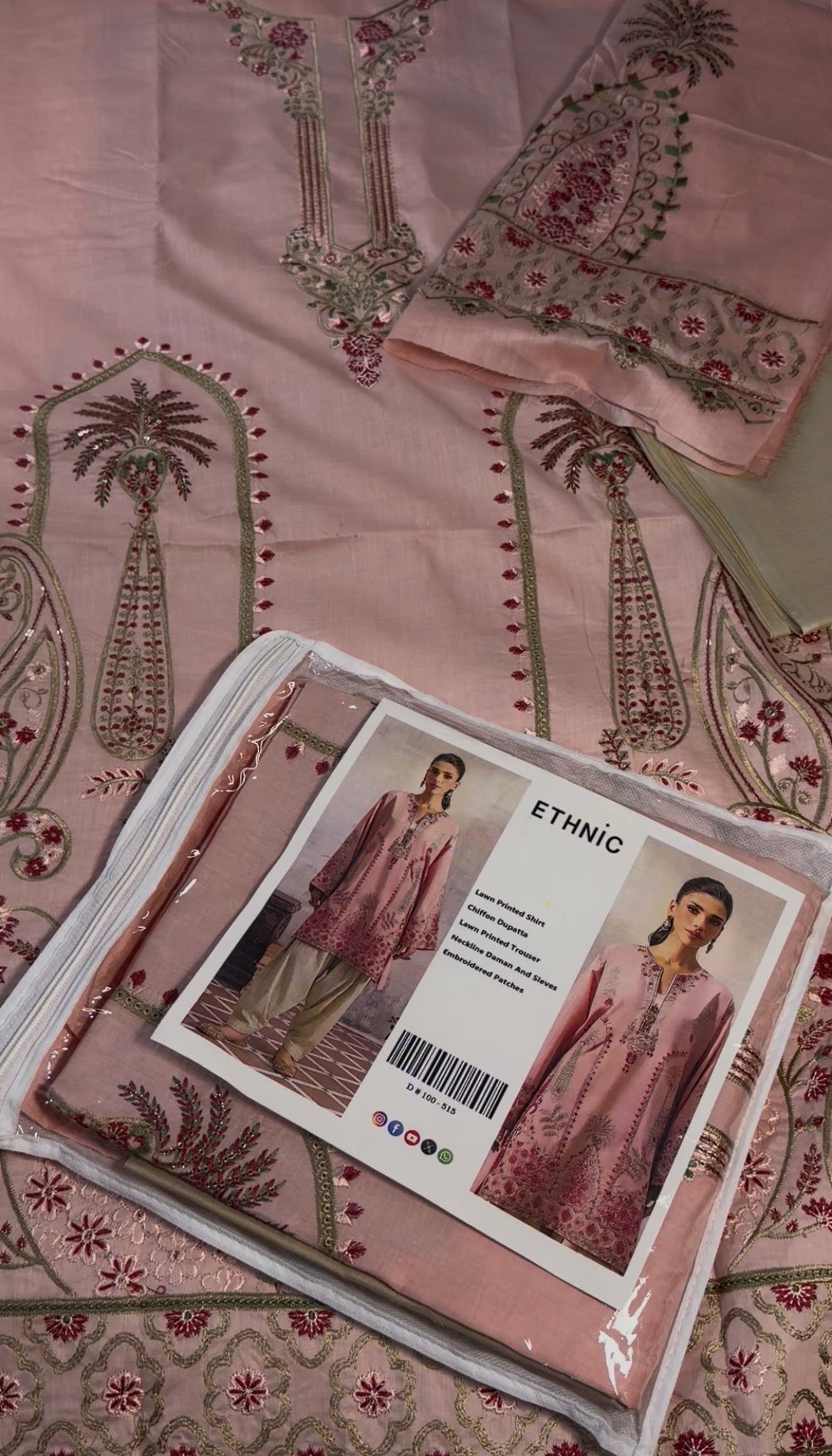 2pcs Ethnic Tree Emb Baby pink lawn