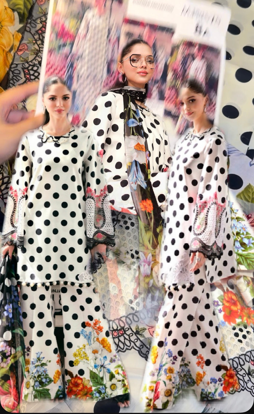 3pcs Maria B polka dot White lawn
