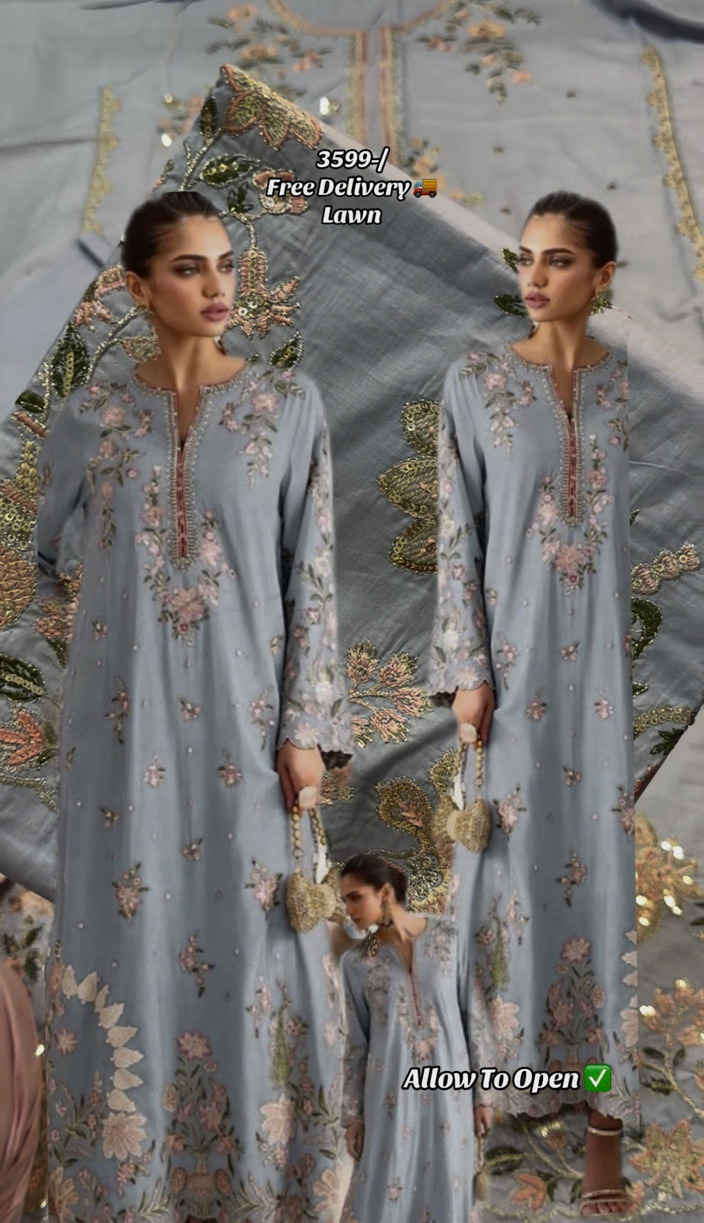 2pcs Ethnic Long Kaftan Ice Blue lawn