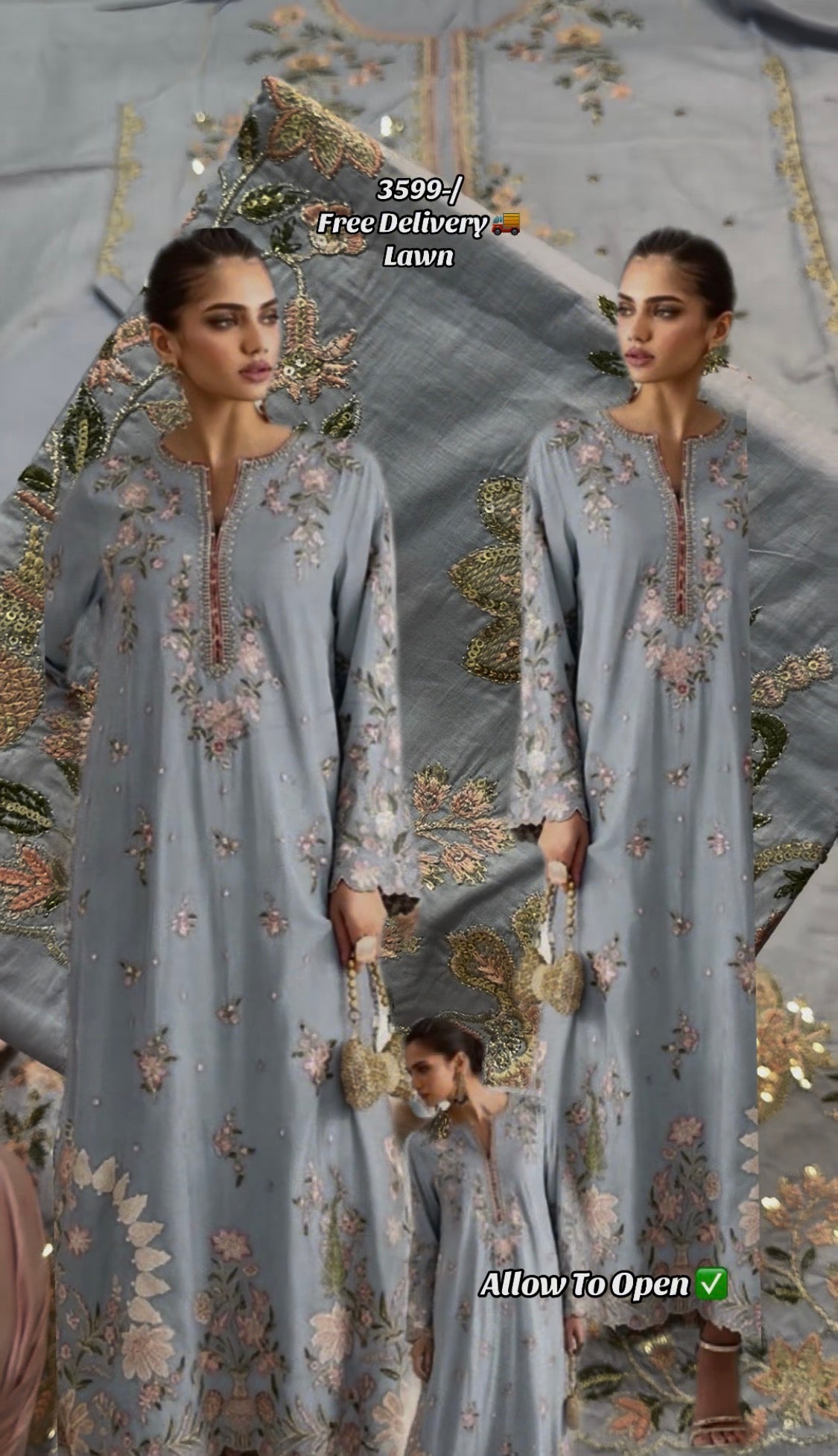 2pcs Ethnic Long Kaftan Ice Blue lawn