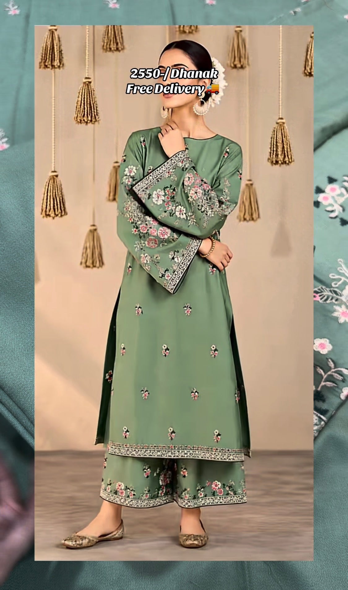 2pcs Green Urge Embroidered Dhanak