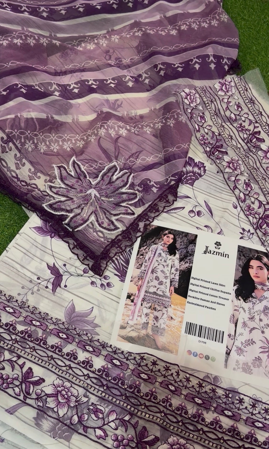 3pcs Jazmin White purple lawn