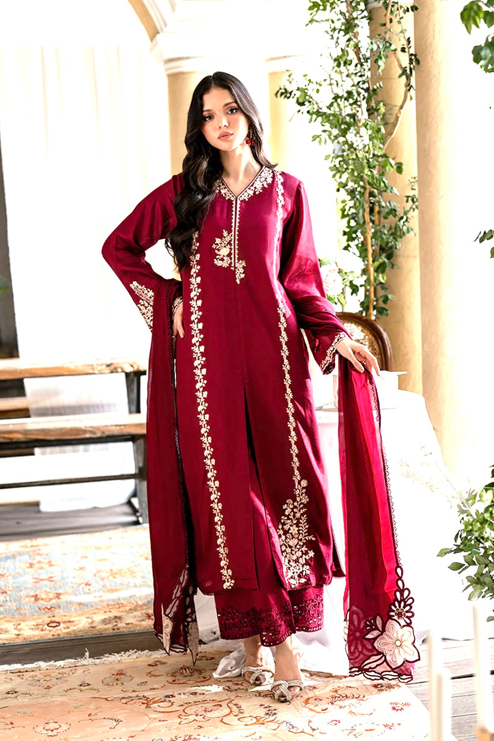 3pcs Azure pure red with flower dupata