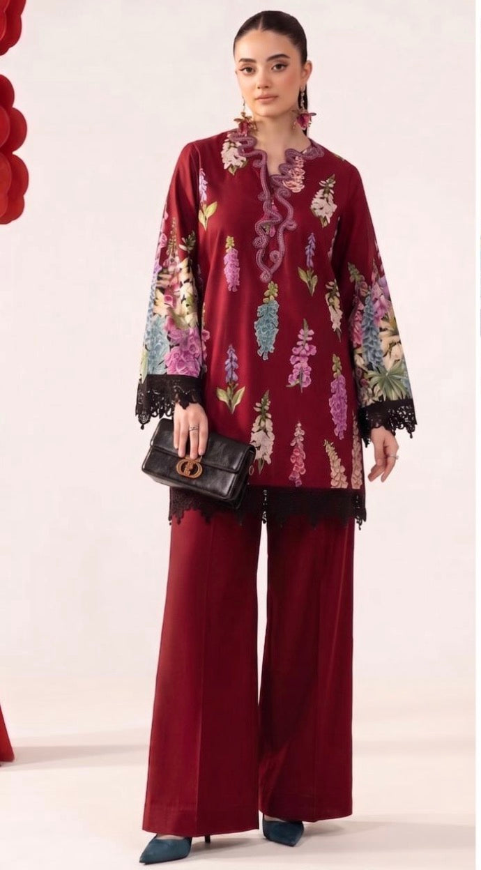 2pcs Maria B Mehroon Emb lawn