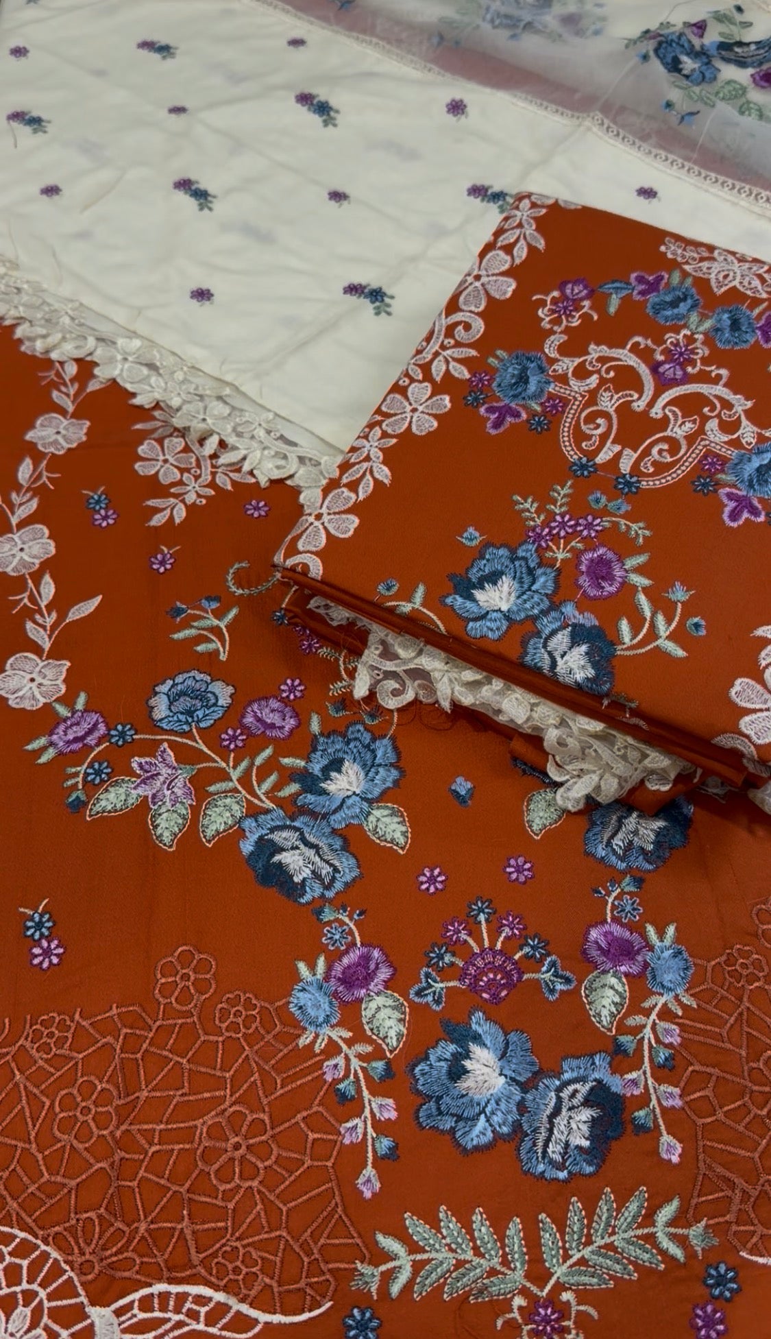 3pcs Aneelas Orange Embroidered Viral Dhanak
