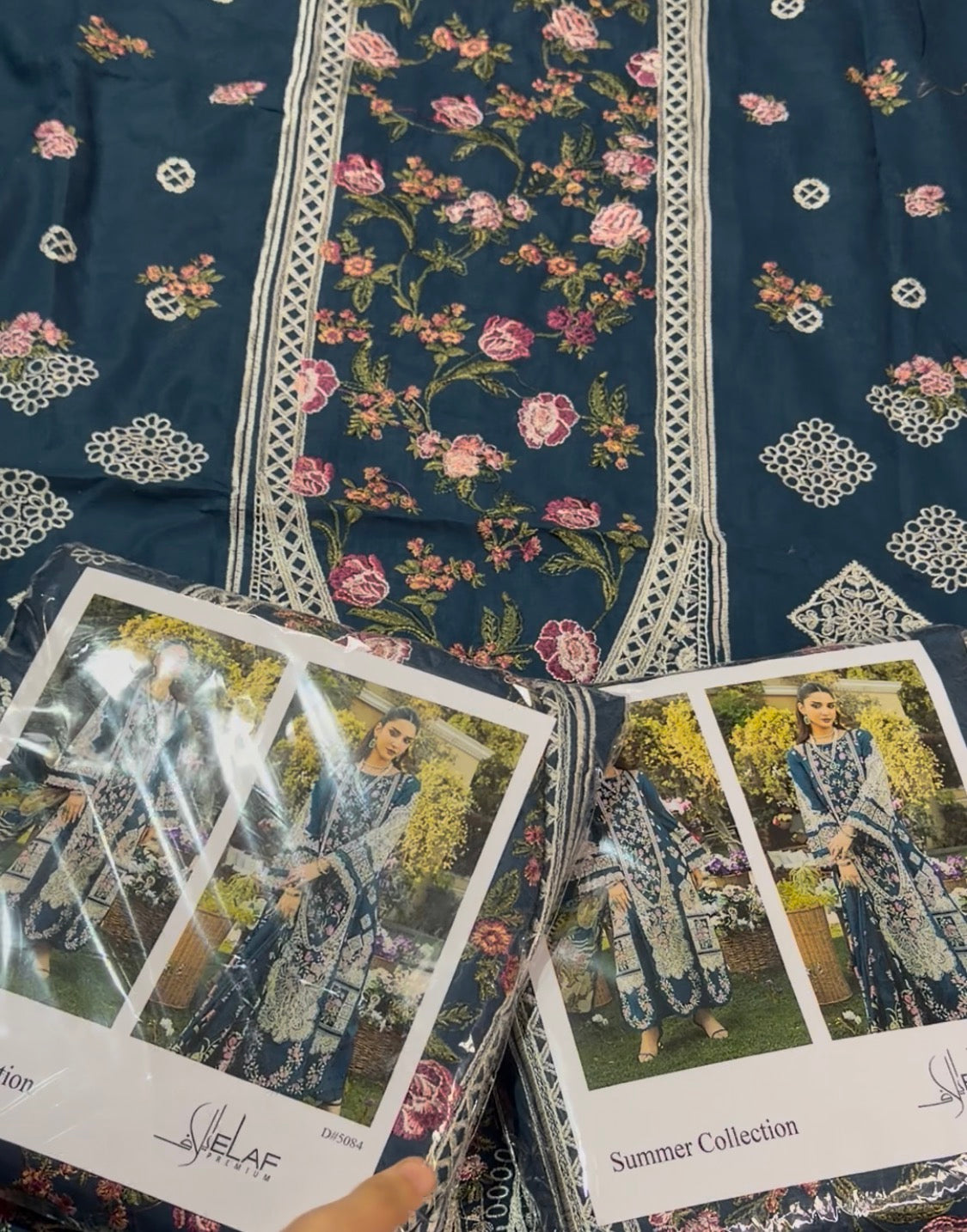 3pcs Blue elaf ramsha with chiffon ready dupata lawn