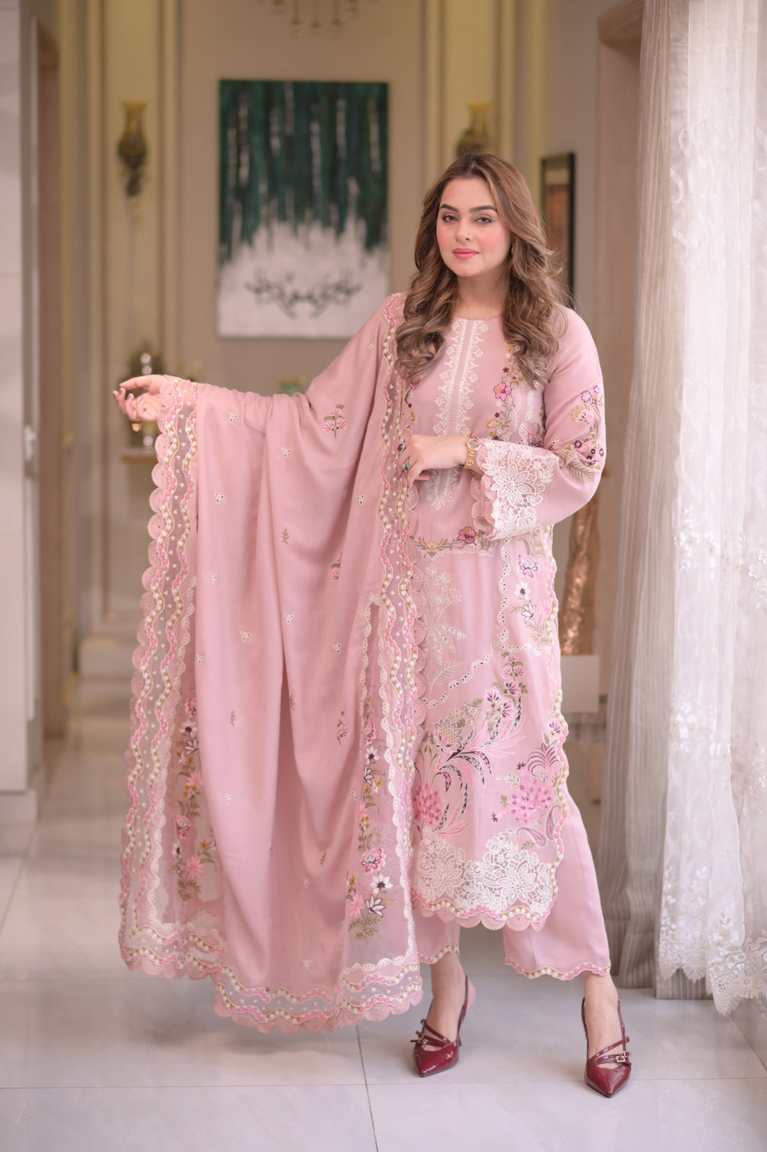 3pcs Aneelas Tea pink with chiffon dupata