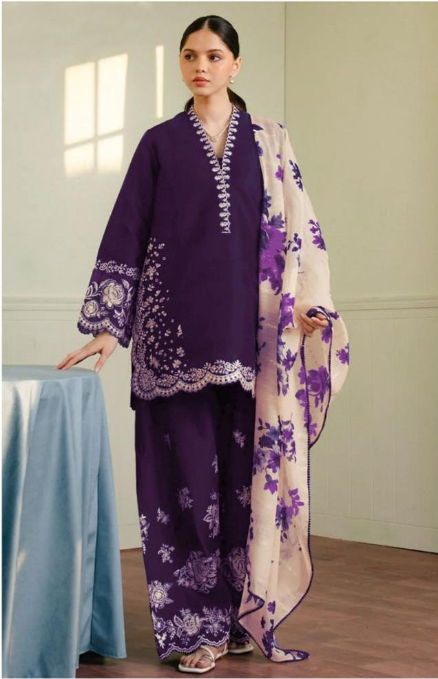 3pcs Zara Shahjhan plum lawn