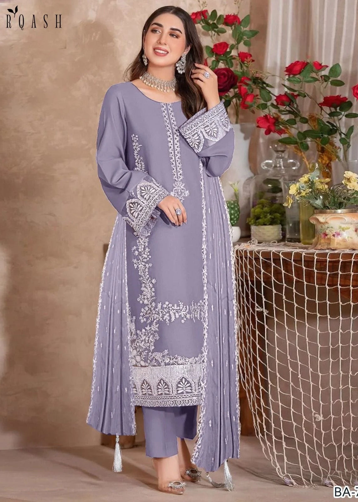 3Pcs Embroidery Dhanak Zarqash lilac