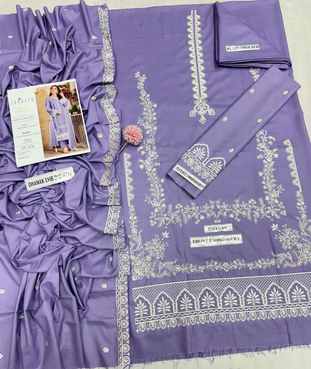 3Pcs Embroidery Dhanak Zarqash lilac