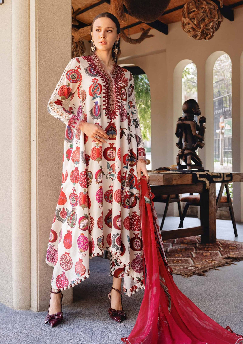 3pcs Red Anari Print Lawn