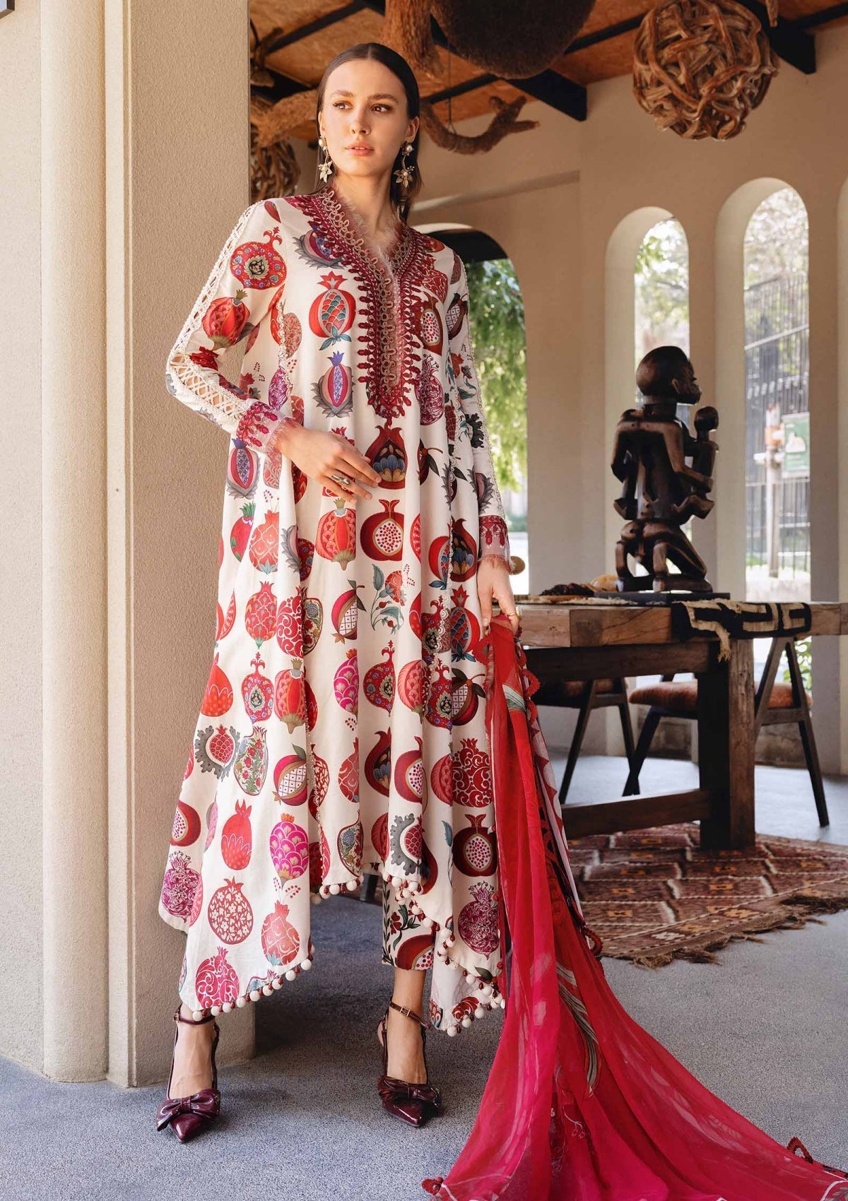 3pcs Red Anari Print Lawn