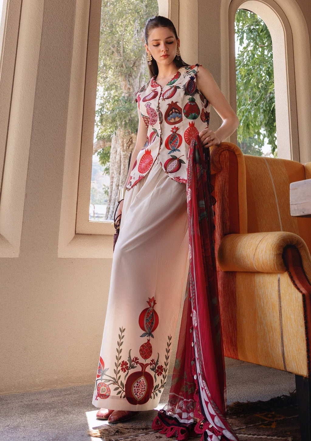3pcs Red Anari Print Lawn