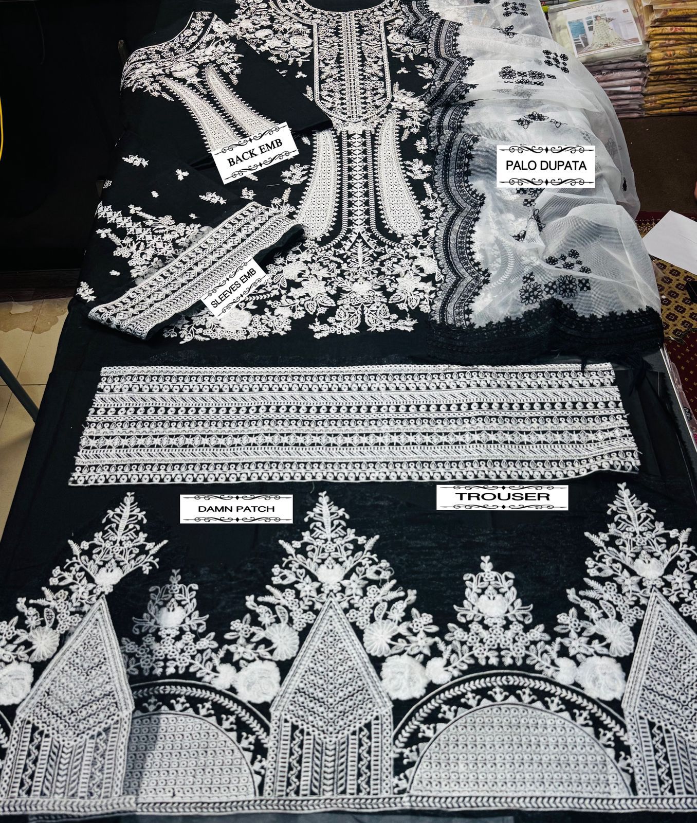 3pcs Hussian Rehar white black lawn