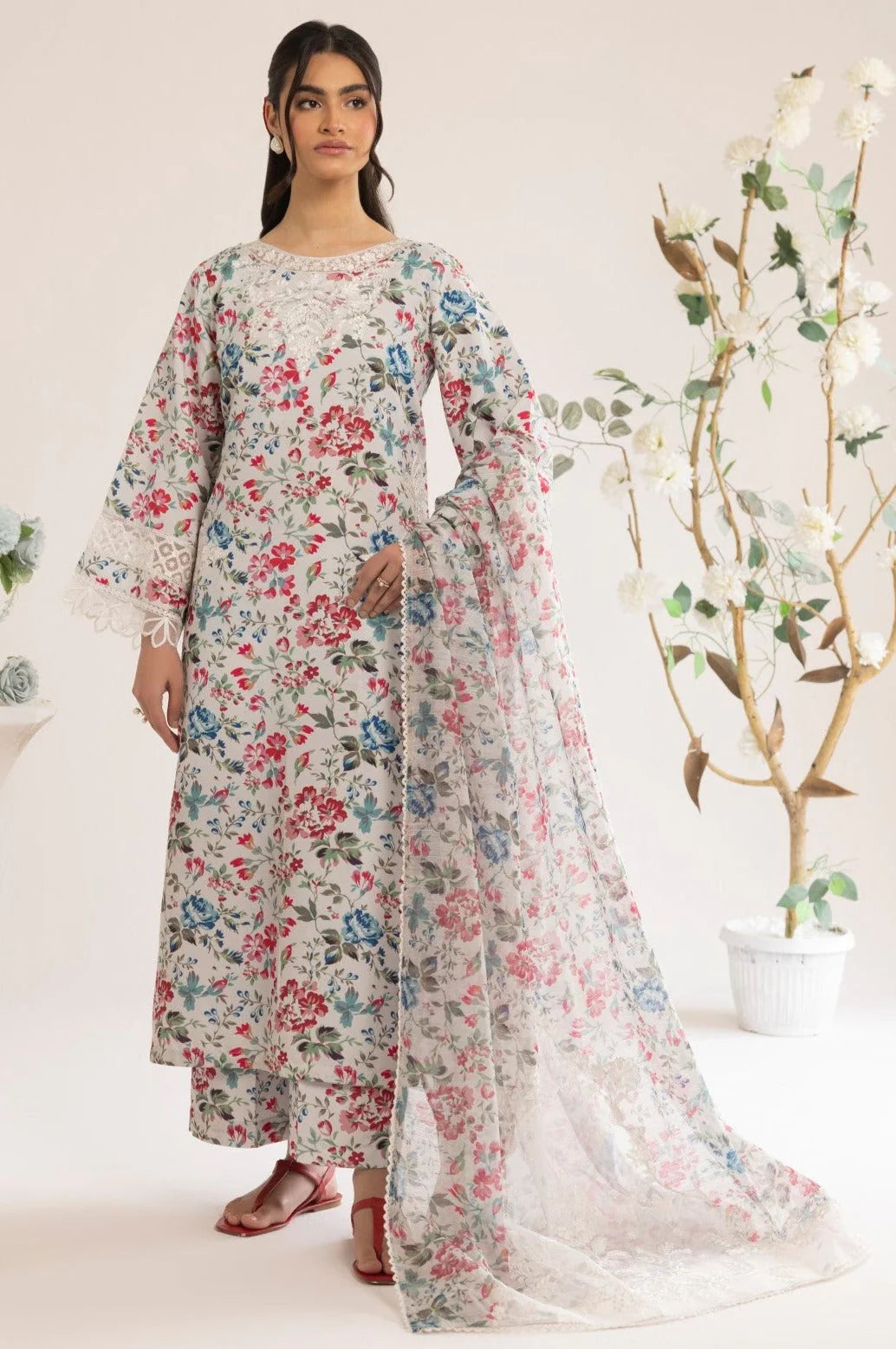 3pcs Baroque Colorful Printed Lawn Dupata