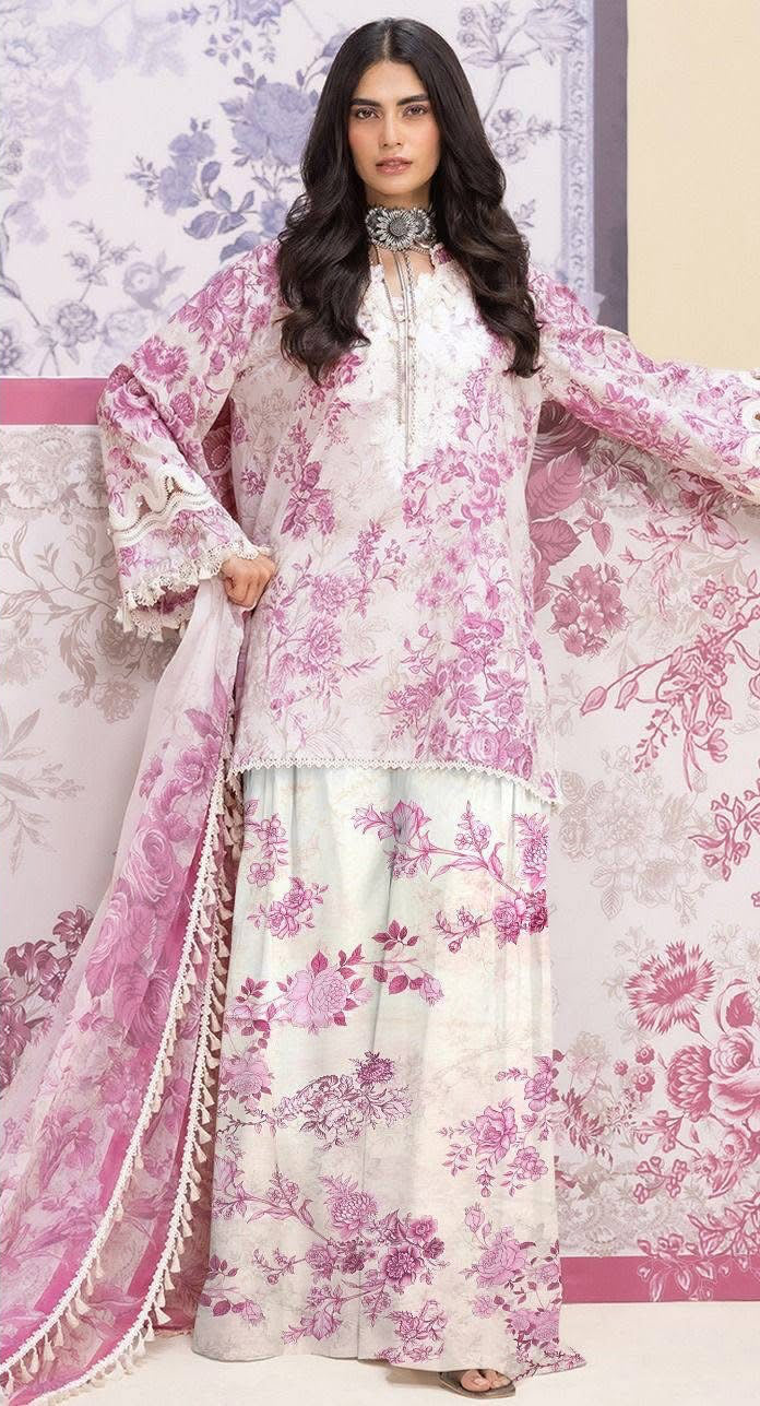 3pcs Baroque  pink Printed lawn dupata