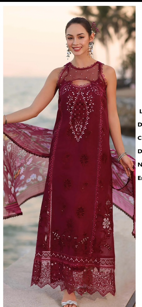 3pcs Noor Mehroon lawn Embroidered