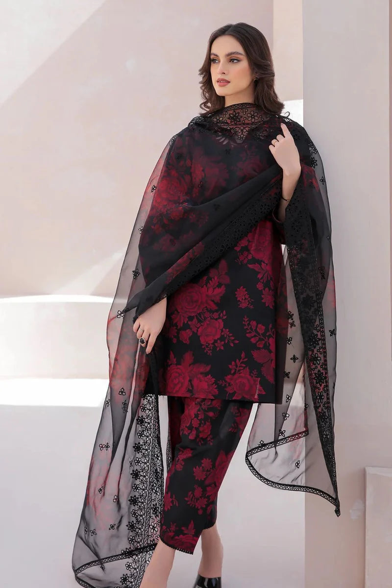 3pcs Black Red lawn With chiffon dupata
