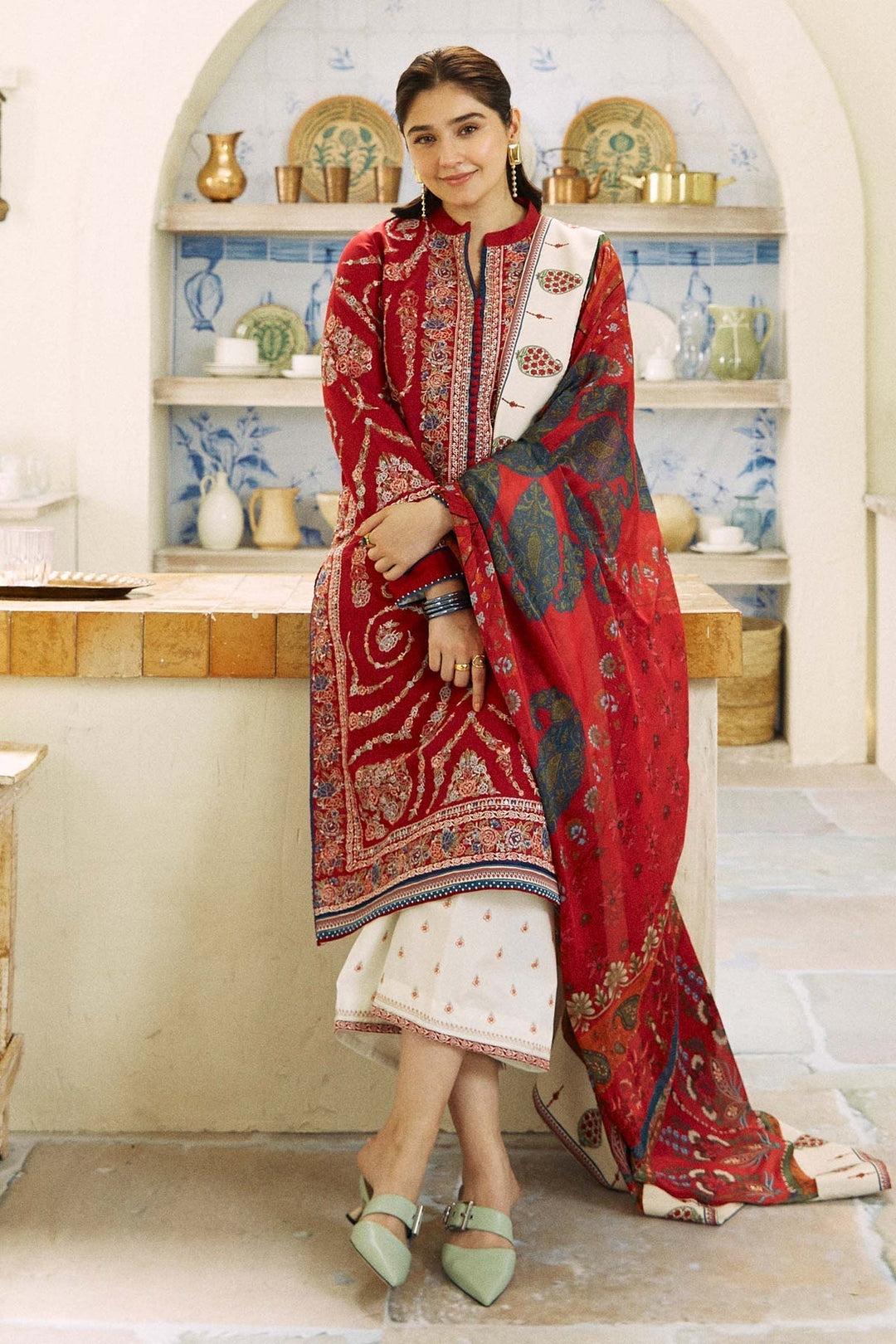 3pcs Zara Shahjhan red lawn
