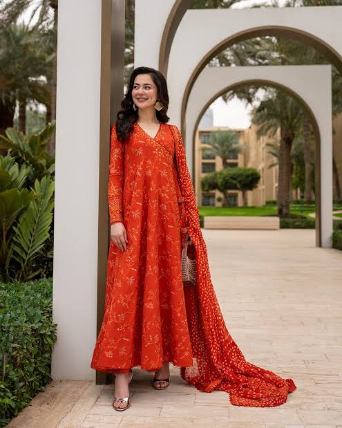 3pcs Faiza Saqlain orange frock lawn