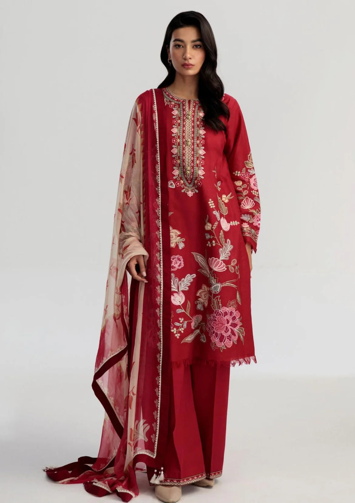 3pcs Red zara shahjhan lawn