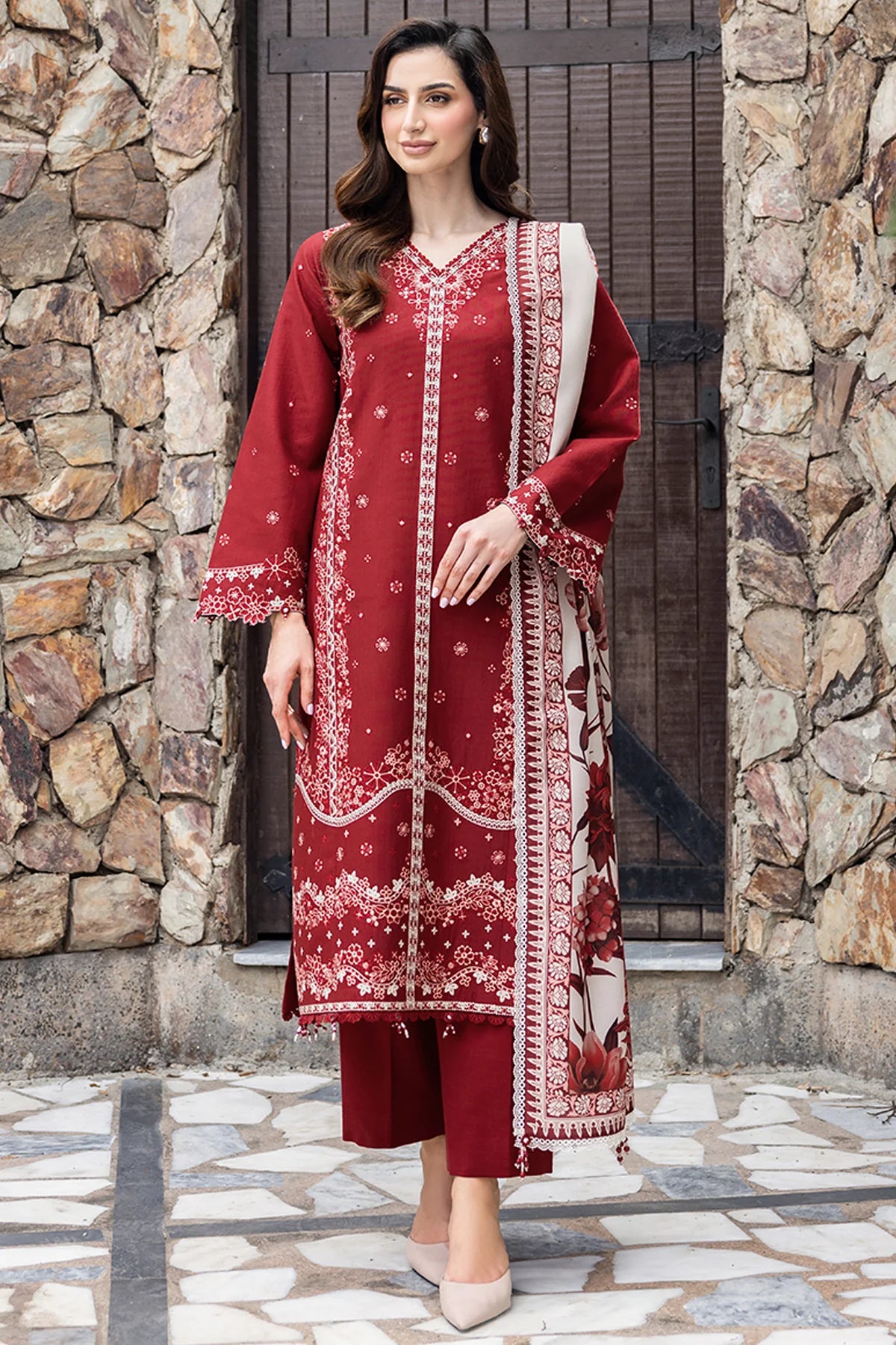 3pcs frasha mehroon lawn