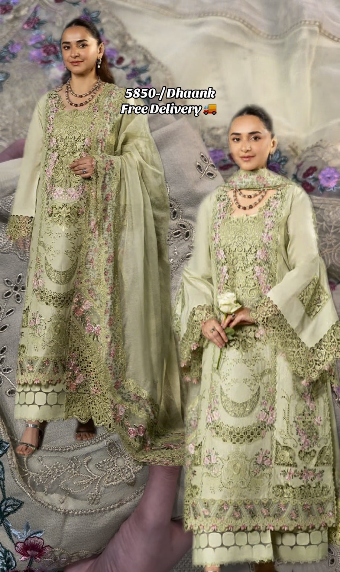 3Pcs Dhanak Pistachio Elaf Laser Embroidered