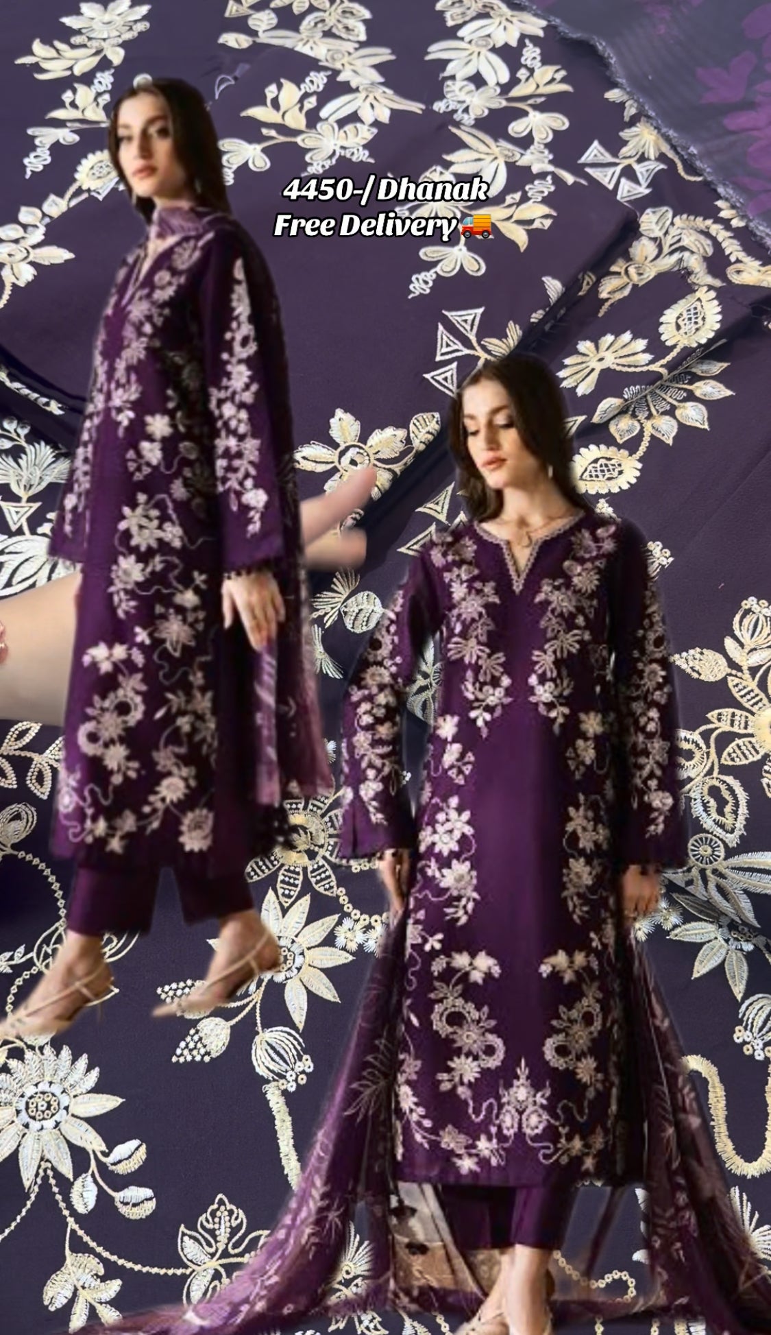 3pcs Baroque Dhanak Plum Skin  Embroidered