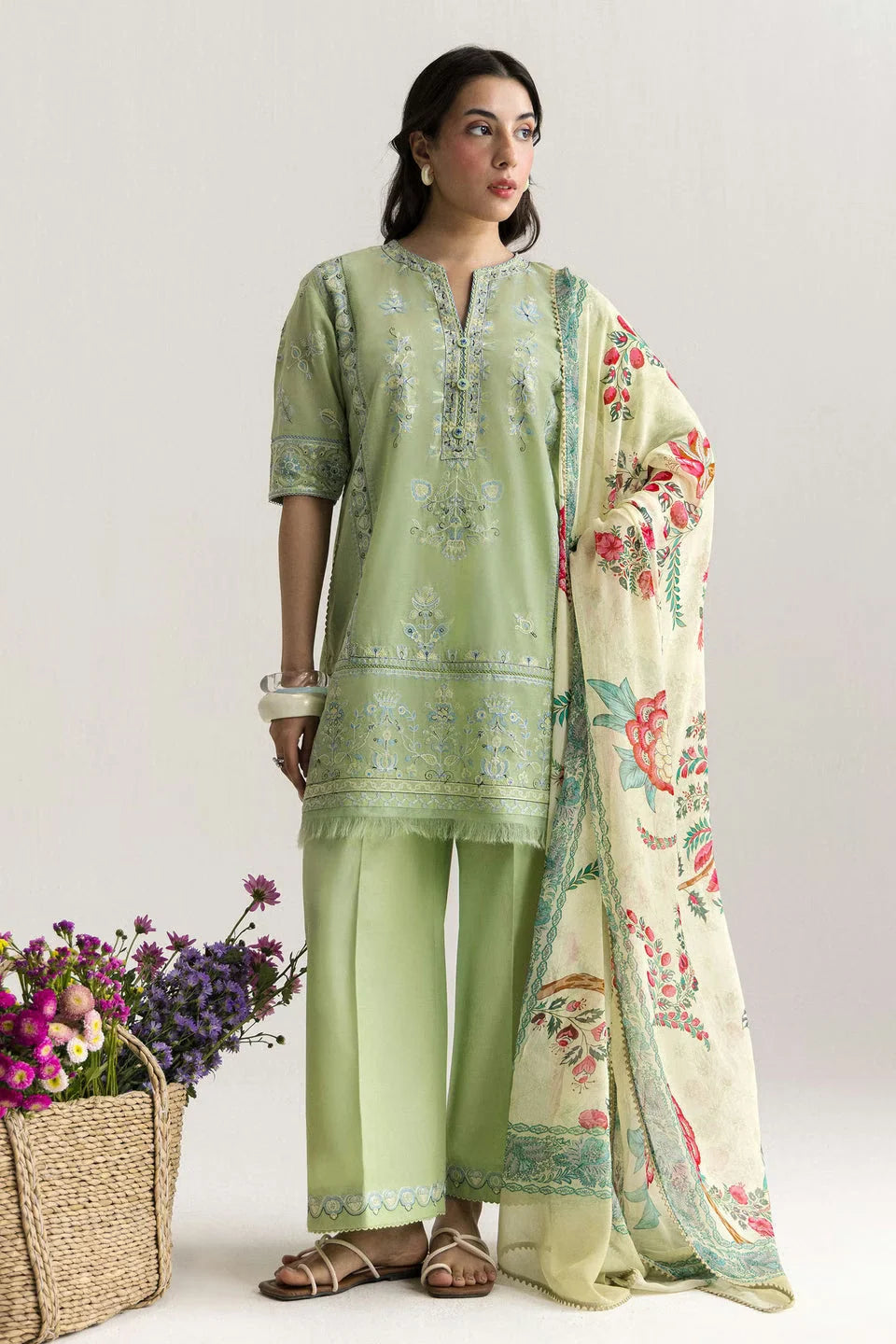 3pcs Coco Zarashahjhan Dhanak Pistachio Embroidered