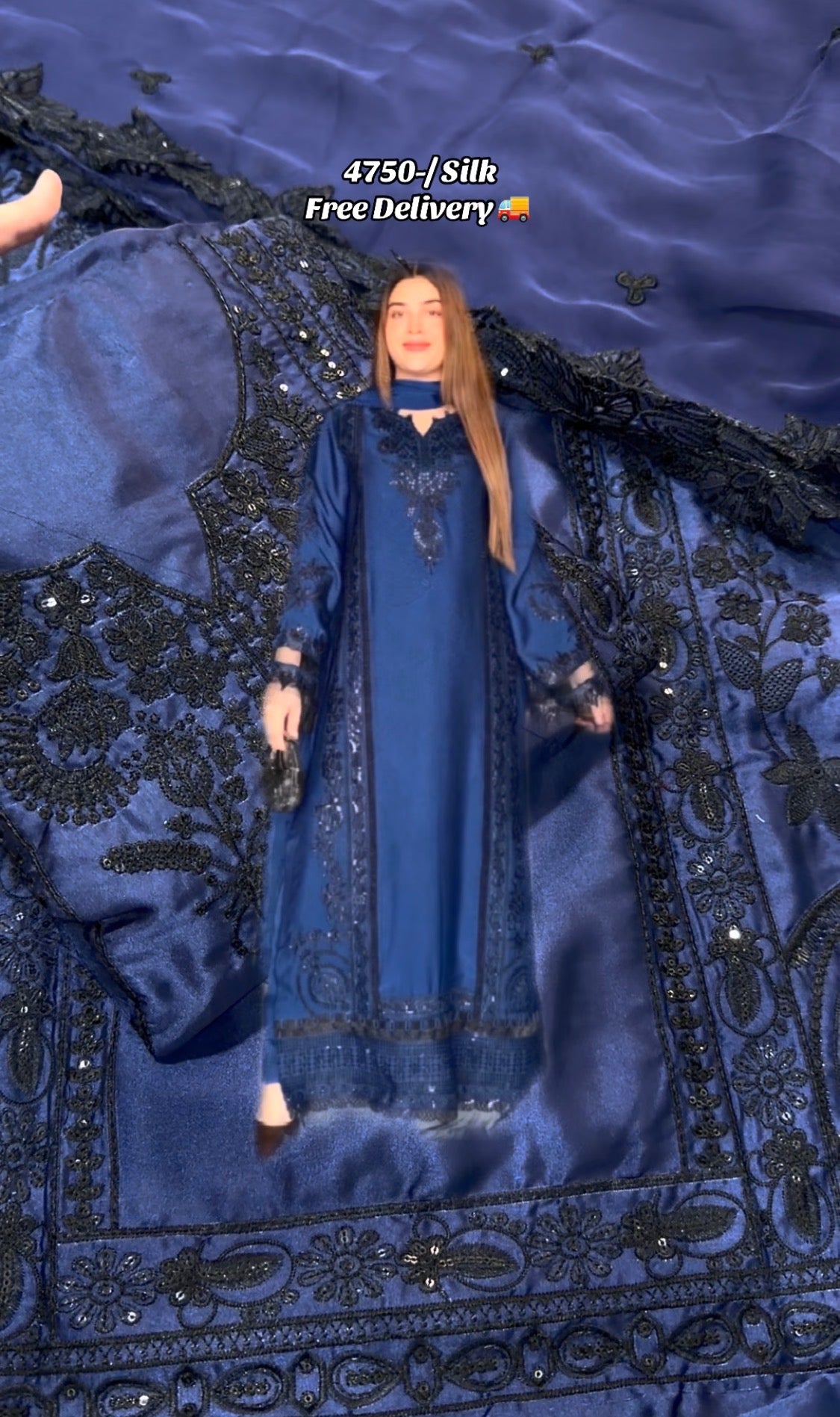3pcs Zara Shehryar Blue Black Silk long Embroidered