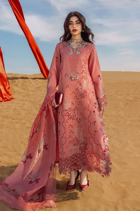 3pcs Rangrasiya peach Embroidered Boring Dhanak Embroidered