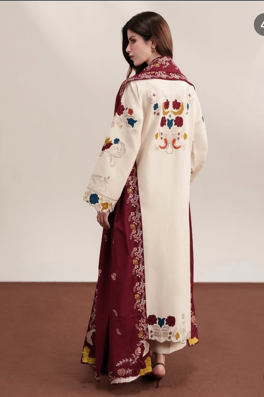 3pcs Dhanak Zaib Offwhite + Mehroon Embroidered